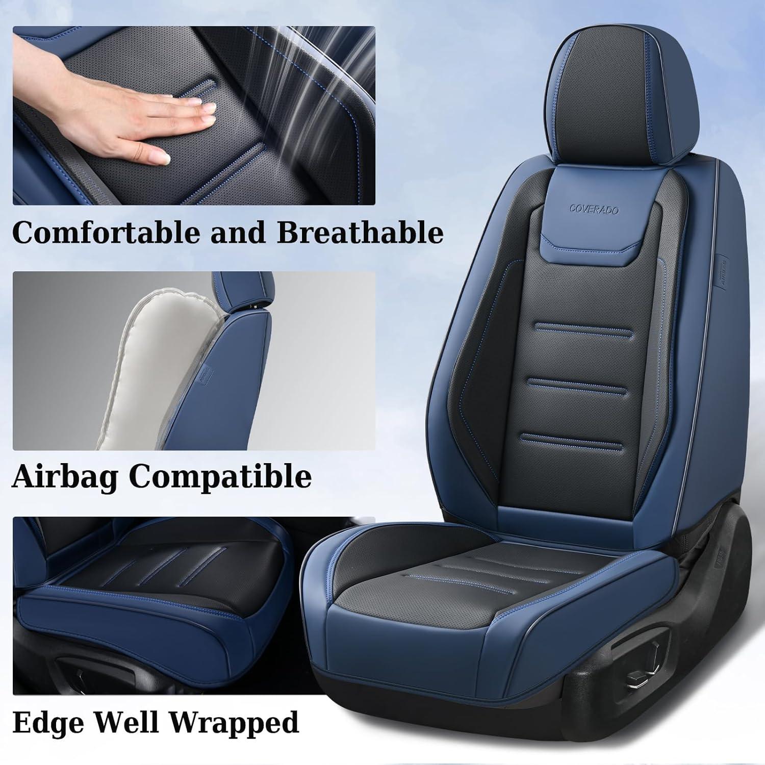 imageCoverado Car Seat Covers Front Covers for Cars Car Seat Cover Front Seats Car Seat Protector Waterproof Leather Car Seat Cushion Universal Interior Covers Seat Protectors for Most Cars BeigeBlue