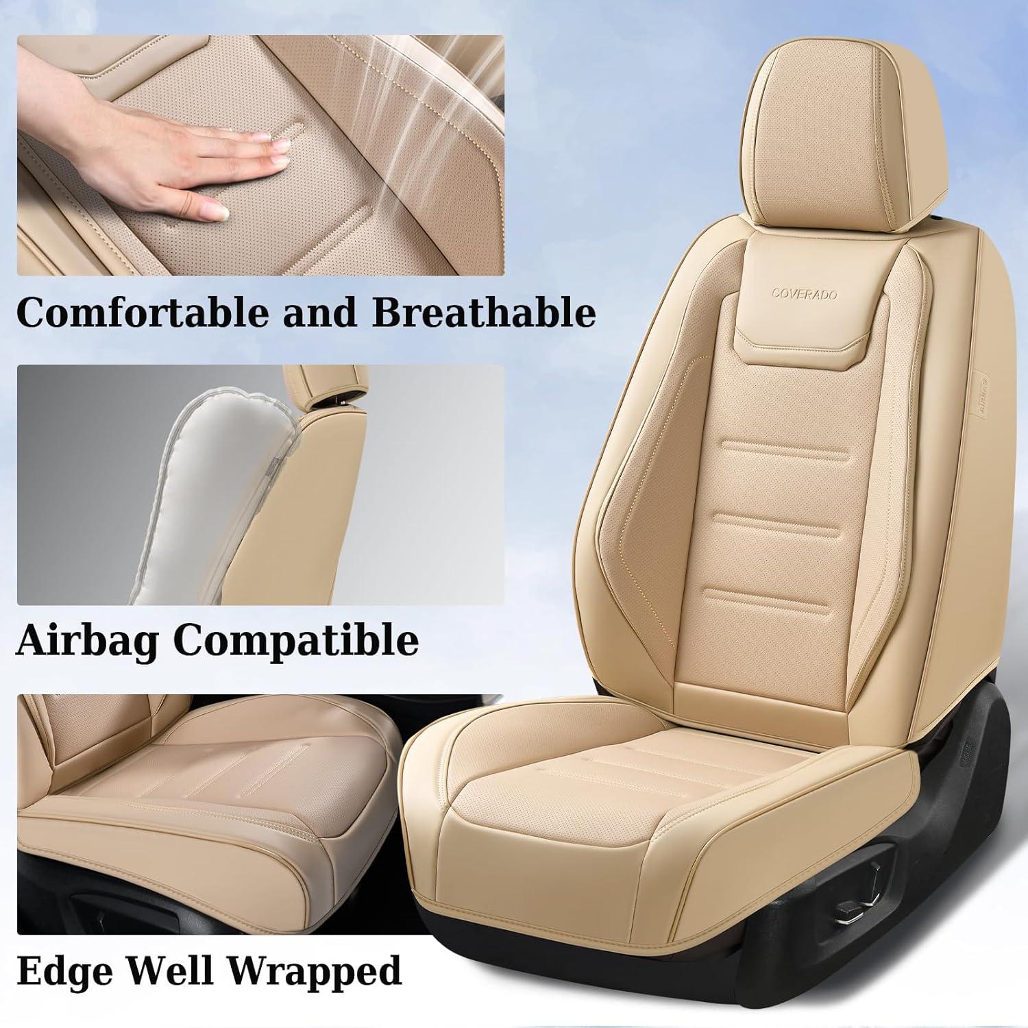 imageCoverado Car Seat Covers Front Covers for Cars Car Seat Cover Front Seats Car Seat Protector Waterproof Leather Car Seat Cushion Universal Interior Covers Seat Protectors for Most Cars BeigeBeige