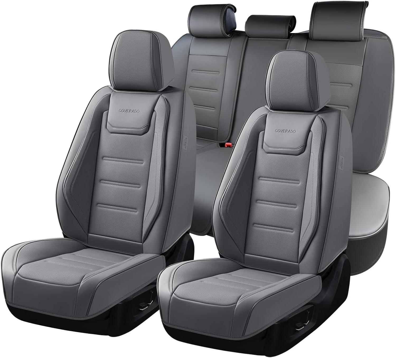 imageCoverado Car Seat Covers Front Covers for Cars Car Seat Cover Front Seats Car Seat Protector Waterproof Leather Car Seat Cushion Universal Interior Covers Seat Protectors for Most Cars BeigeGray