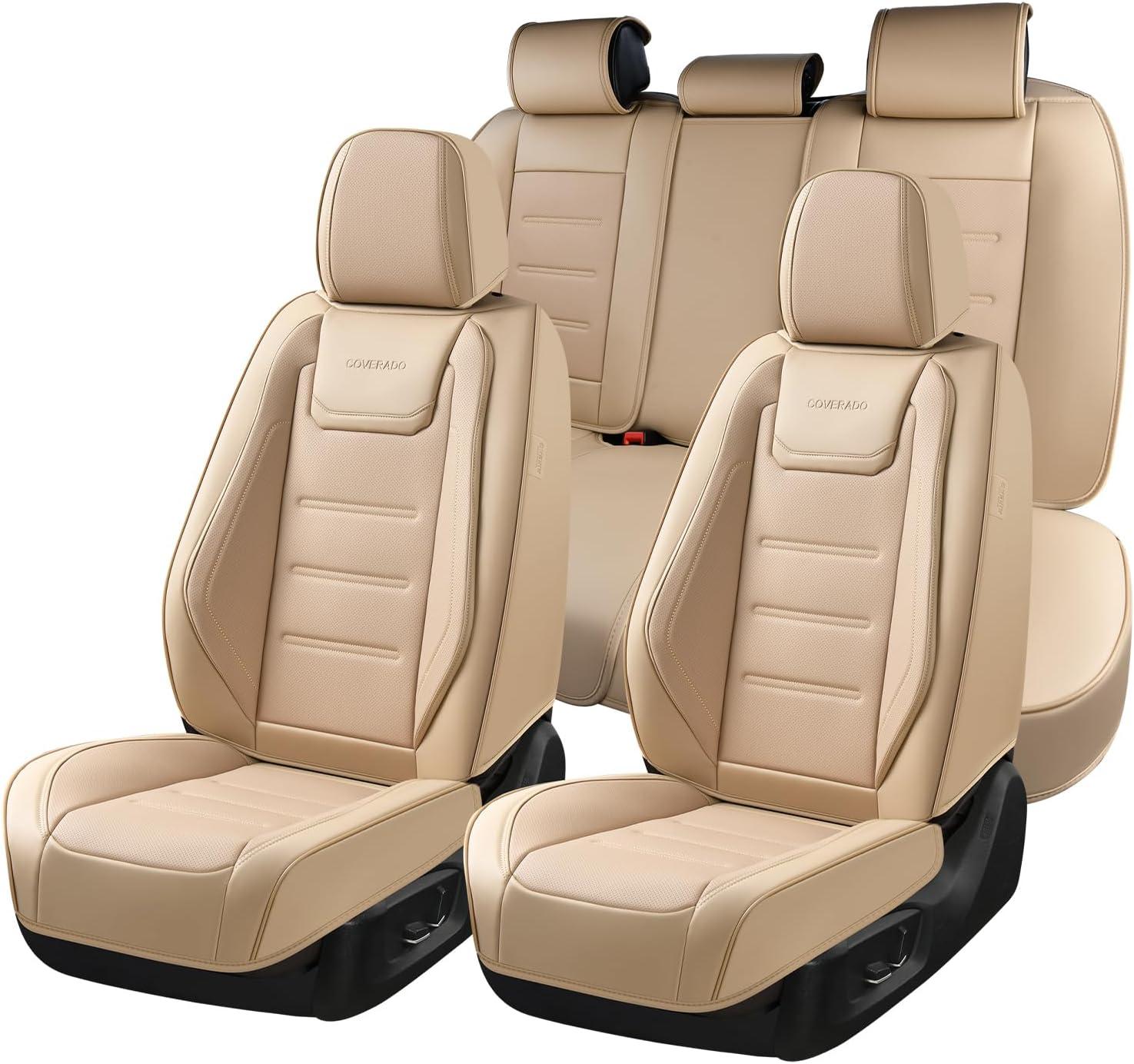 imageCoverado Car Seat Covers Front Covers for Cars Car Seat Cover Front Seats Car Seat Protector Waterproof Leather Car Seat Cushion Universal Interior Covers Seat Protectors for Most Cars BeigeBeige