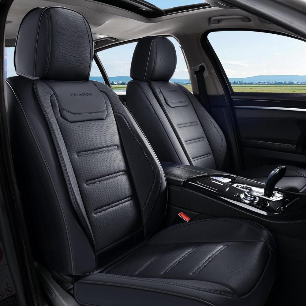 imageCoverado Car Seat Covers Front Covers for Cars Car Seat Cover Front Seats Car Seat Protector Waterproof Leather Car Seat Cushion Universal Interior Covers Seat Protectors for Most Cars BeigeBlack