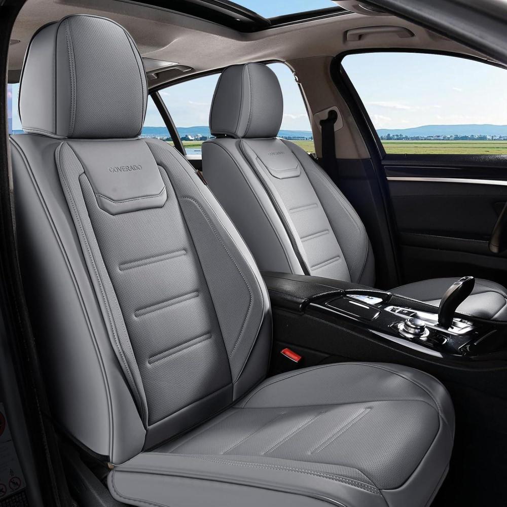 imageCoverado Car Seat Covers Front Covers for Cars Car Seat Cover Front Seats Car Seat Protector Waterproof Leather Car Seat Cushion Universal Interior Covers Seat Protectors for Most Cars BeigeGray