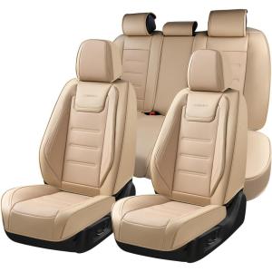 imageCoverado Car Seat Covers Full Set Seat Covers for Cars Front Seat Covers and Back Seat Cover Waterproof Leather Automotive Seat Cover Universal Car Interior Protectors Cushion for Most Cars Blue8870Beige