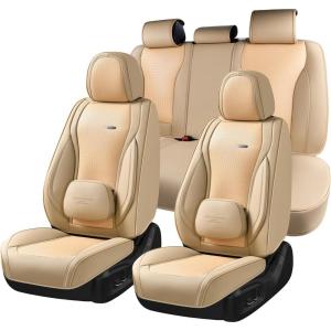 imageCoverado Car Seat Covers Full Set Universal Seat Covers for Cars Waterproof Nappa Leather Auto Seat Protectors with Lumbar Support Car Interiors Fit for Most Sedans SUV Pickup Truck Beige