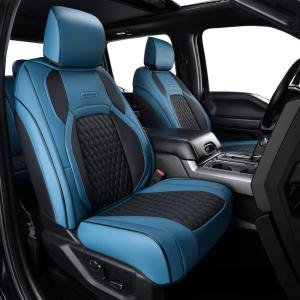 imageCoverado Ford F150 Seat Covers Full Set Car Seat Covers Waterproof Faux Leather Full Coverage Protector Pickup Truck Car Seat Cushion Cover Fit for 20152025 Ford F150 20172025 F250 F350 F450GrayBlue