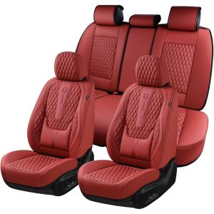imageCoverado Car Seat Covers Full Set Red Seat Covers for Car with Lumbar Support Nappa Leather Seat Covers Waterproof Car Seat Protectors Universal Fit for Most Cars SUV Trucks