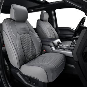 imageCoverado Full Set F150 Seat Covers Waterproof Faux Leather Full Coverage Protector for 20152025 Ford F150 ampamp 20172025 F250 F350 F450 Crew Cab Black Truck Interior Car Seat Cushion CoversGray