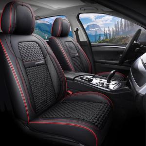 imageCoverado Leather Front Seat Covers 2Pack Universal Waterproof Breathable Leather Woven Leatherette Seat Cushions Auto Car Seats Protectors Fit for Most VehiclesBlackpureRed Line