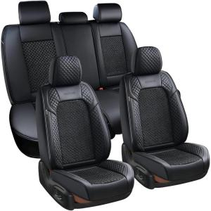 imageCoverado Leather Front Seat Covers 2Pack Universal Waterproof Breathable Leather Woven Leatherette Seat Cushions Auto Car Seats Protectors Fit for Most VehiclesBlackpureCWovenBlack