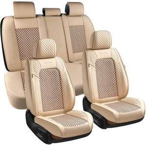 imageCoverado Leather Front Seat Covers 2Pack Universal Waterproof Breathable Leather Woven Leatherette Seat Cushions Auto Car Seats Protectors Fit for Most VehiclesBlackpureCWovenBeige