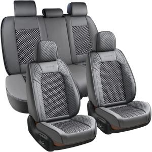 imageCoverado Leather Front Seat Covers 2Pack Universal Waterproof Breathable Leather Woven Leatherette Seat Cushions Auto Car Seats Protectors Fit for Most VehiclesBlackpureCWovenGray