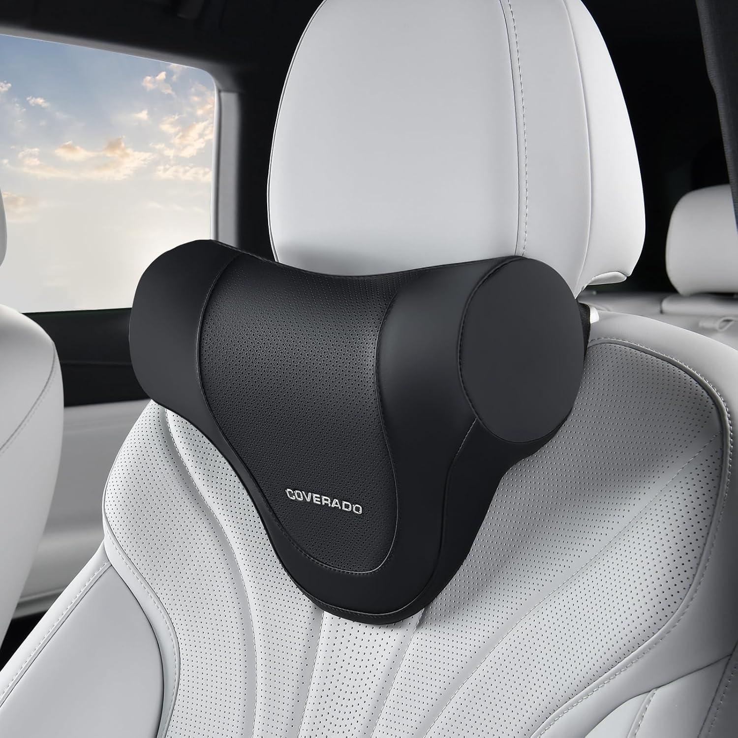 imageCoverado Car Headrest Pillow Ergonomic Memory Foam Car Neck Pillow for Driving Seat with Adjustable Strap Soft PU Leather Breathable Removable Cover Neck Support for Neck Pain Relief PinkBk