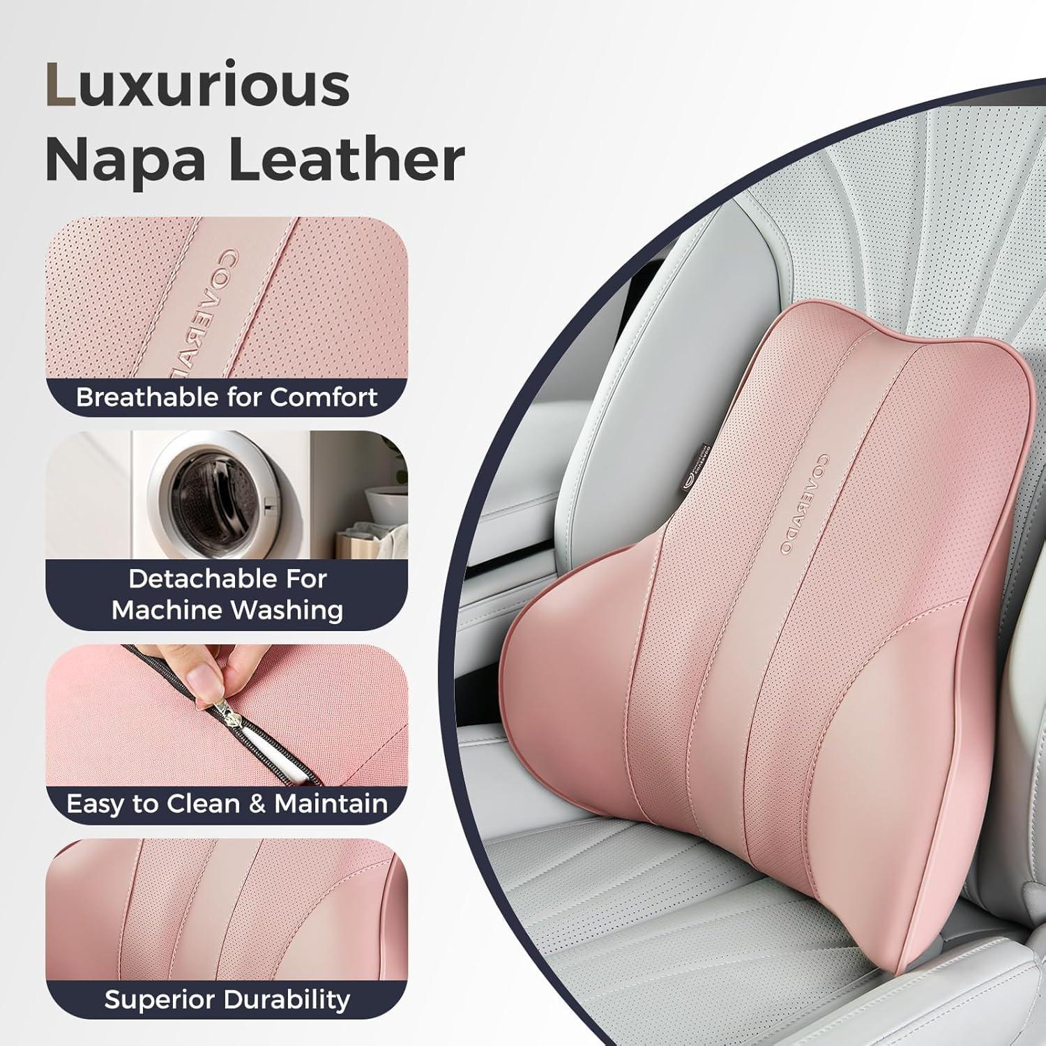 imageCoverado Car Headrest Pillow Ergonomic Memory Foam Car Neck Pillow for Driving Seat with Adjustable Strap Soft PU Leather Breathable Removable Cover Neck Support for Neck Pain Relief PinkPink