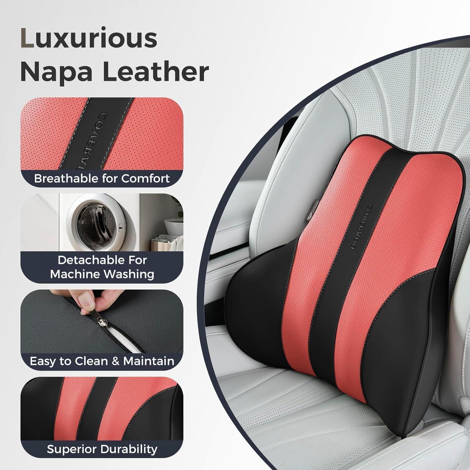 imageCoverado Car Headrest Pillow Ergonomic Memory Foam Car Neck Pillow for Driving Seat with Adjustable Strap Soft PU Leather Breathable Removable Cover Neck Support for Neck Pain Relief PinkBlackred