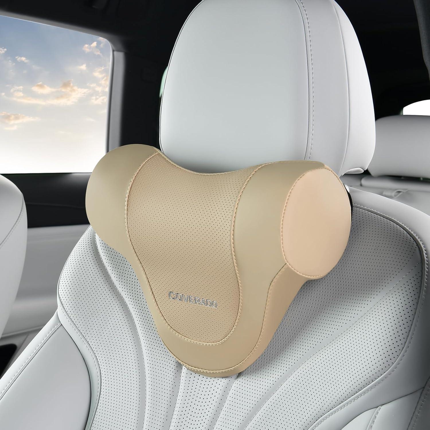 imageCoverado Car Headrest Pillow Ergonomic Memory Foam Car Neck Pillow for Driving Seat with Adjustable Strap Soft PU Leather Breathable Removable Cover Neck Support for Neck Pain Relief PinkBeige