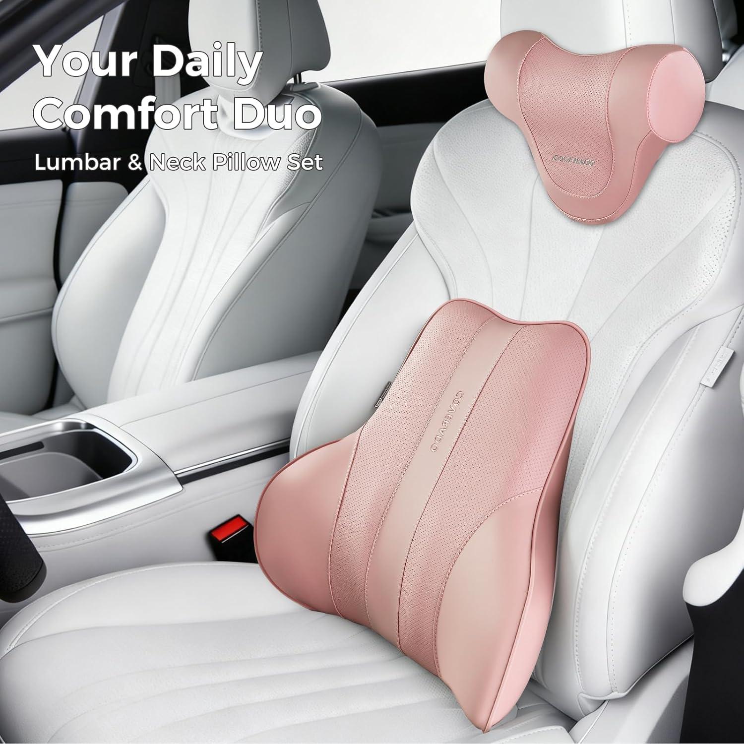 imageCoverado Car Headrest Pillow Ergonomic Memory Foam Car Neck Pillow for Driving Seat with Adjustable Strap Soft PU Leather Breathable Removable Cover Neck Support for Neck Pain Relief PinkPink