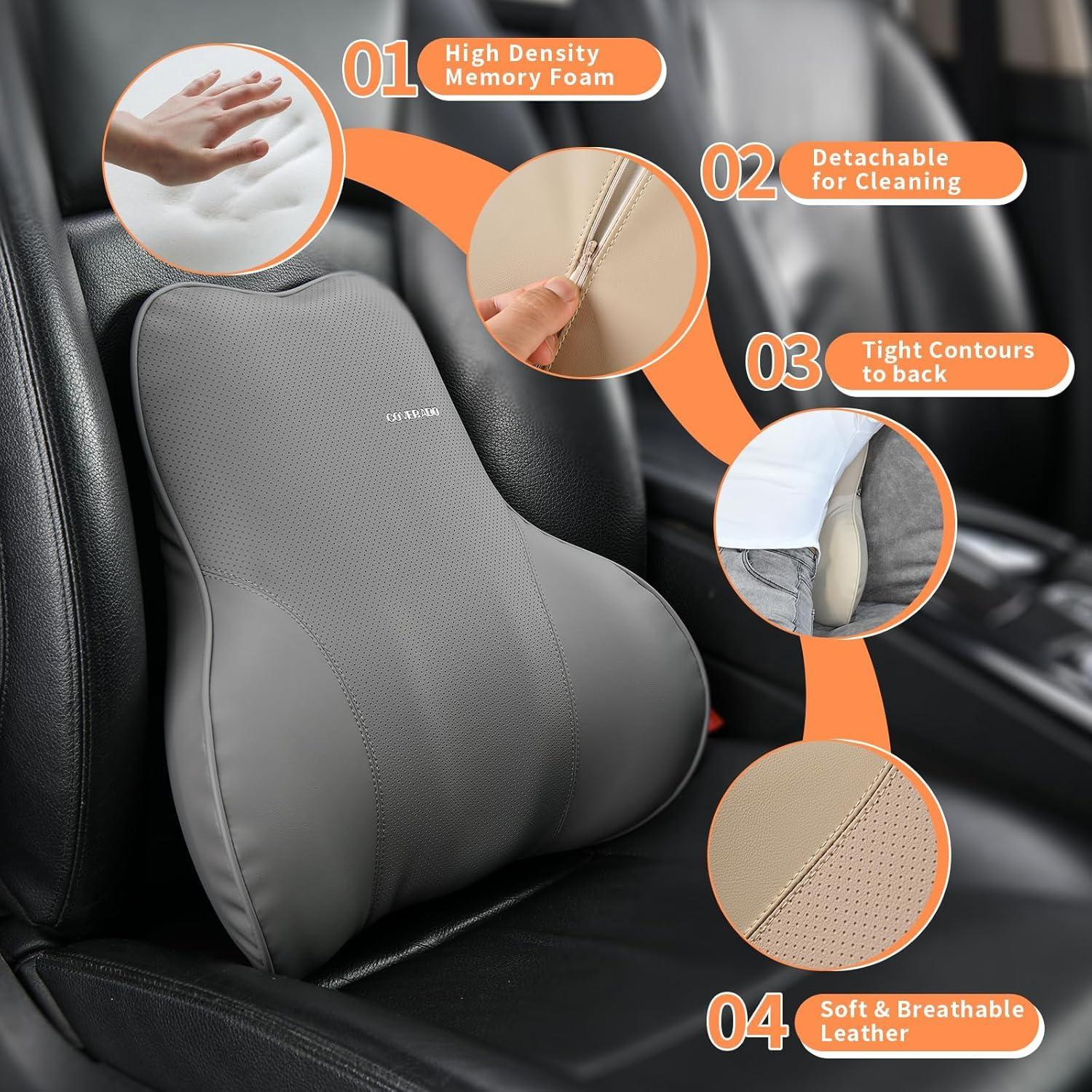 imageCoverado Car Headrest Pillow Ergonomic Memory Foam Car Neck Pillow for Driving Seat with Adjustable Strap Soft PU Leather Breathable Removable Cover Neck Support for Neck Pain Relief PinkGray1