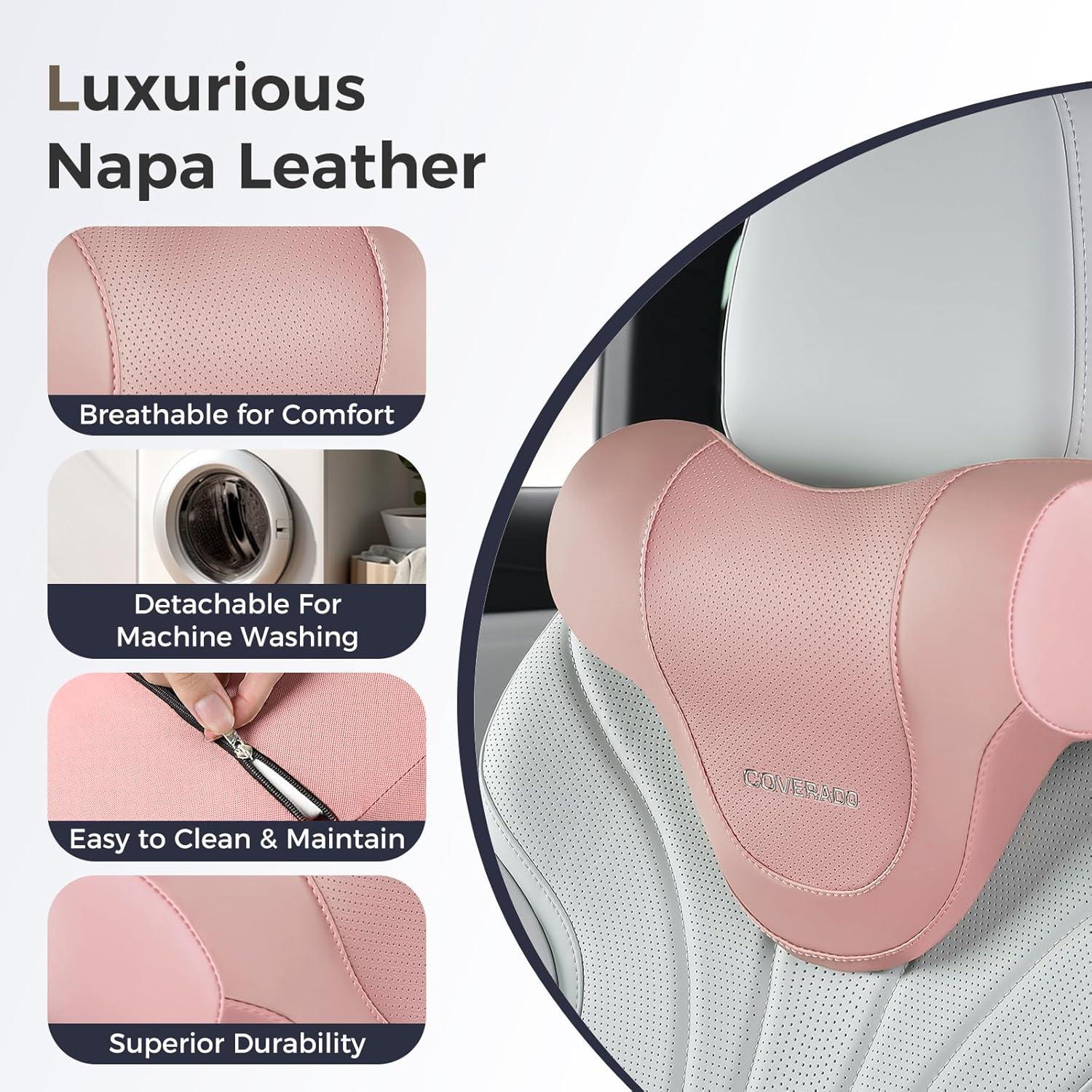 imageCoverado Car Headrest Pillow Ergonomic Memory Foam Car Neck Pillow for Driving Seat with Adjustable Strap Soft PU Leather Breathable Removable Cover Neck Support for Neck Pain Relief PinkPink