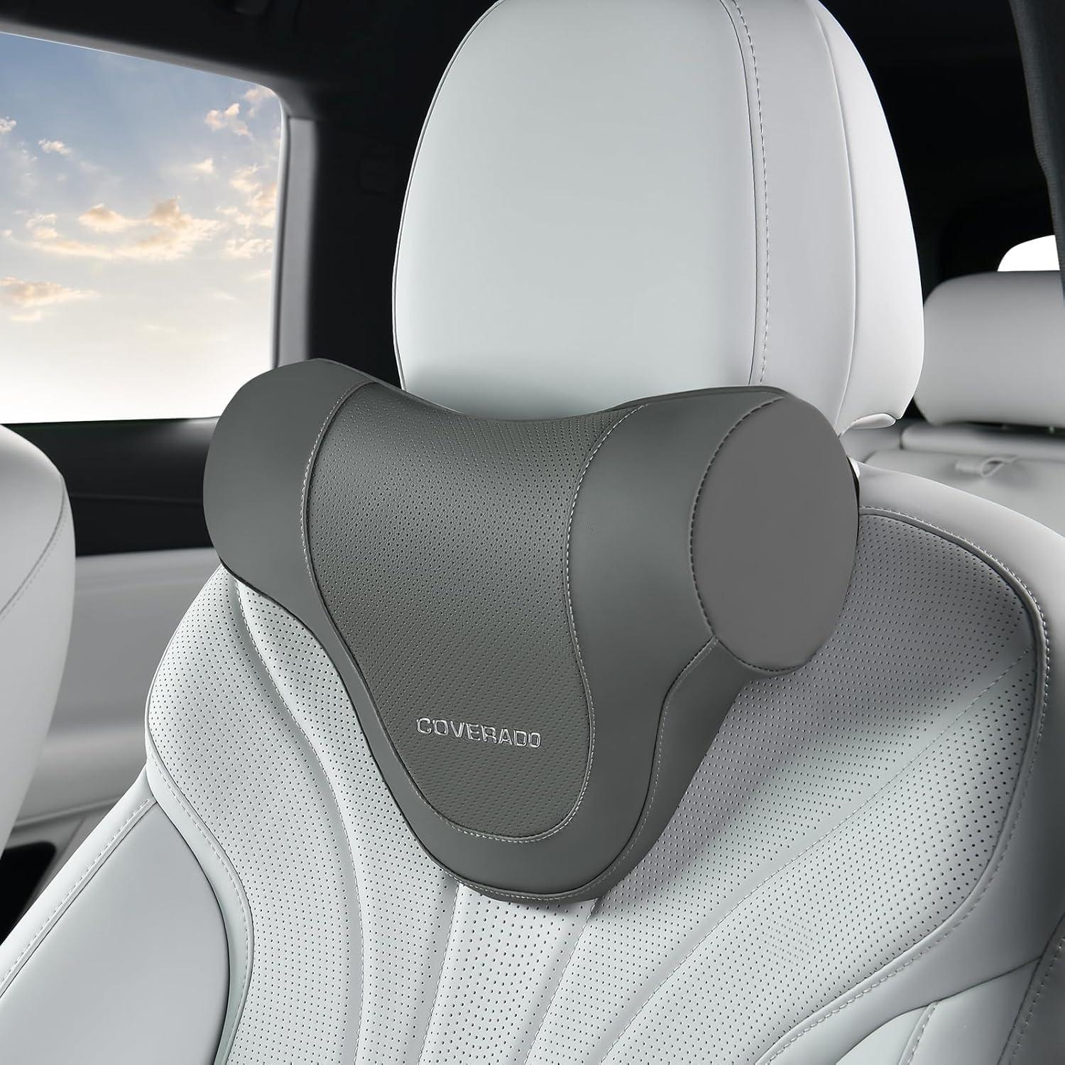 imageCoverado Car Headrest Pillow Ergonomic Memory Foam Car Neck Pillow for Driving Seat with Adjustable Strap Soft PU Leather Breathable Removable Cover Neck Support for Neck Pain Relief PinkGray
