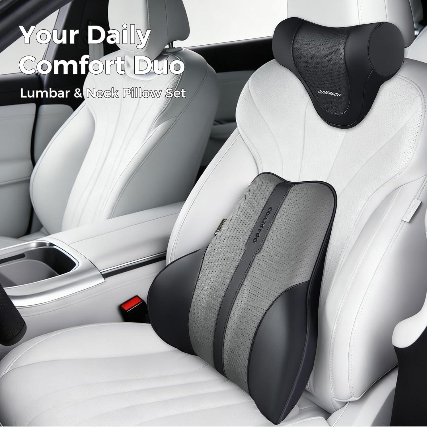 imageCoverado Car Headrest Pillow Ergonomic Memory Foam Car Neck Pillow for Driving Seat with Adjustable Strap Soft PU Leather Breathable Removable Cover Neck Support for Neck Pain Relief PinkBlackgray