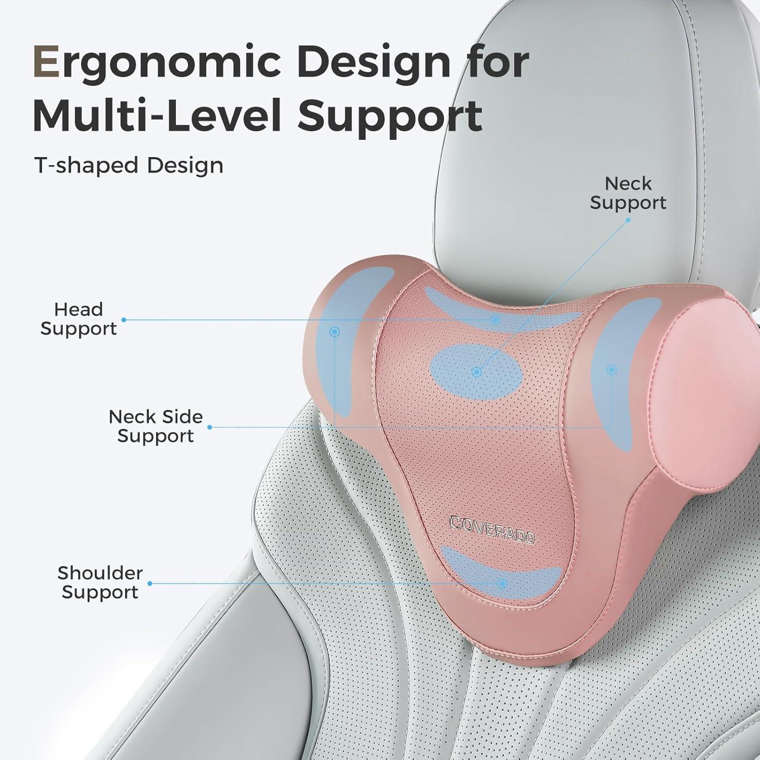 imageCoverado Car Headrest Pillow Ergonomic Memory Foam Car Neck Pillow for Driving Seat with Adjustable Strap Soft PU Leather Breathable Removable Cover Neck Support for Neck Pain Relief PinkPink