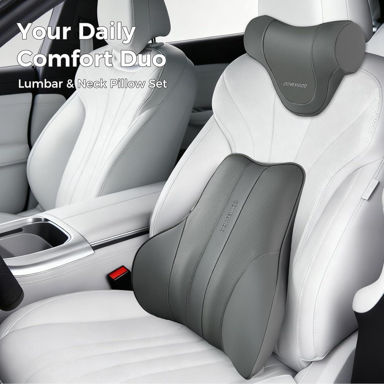 imageCoverado Car Headrest Pillow Ergonomic Memory Foam Car Neck Pillow for Driving Seat with Adjustable Strap Soft PU Leather Breathable Removable Cover Neck Support for Neck Pain Relief PinkGray