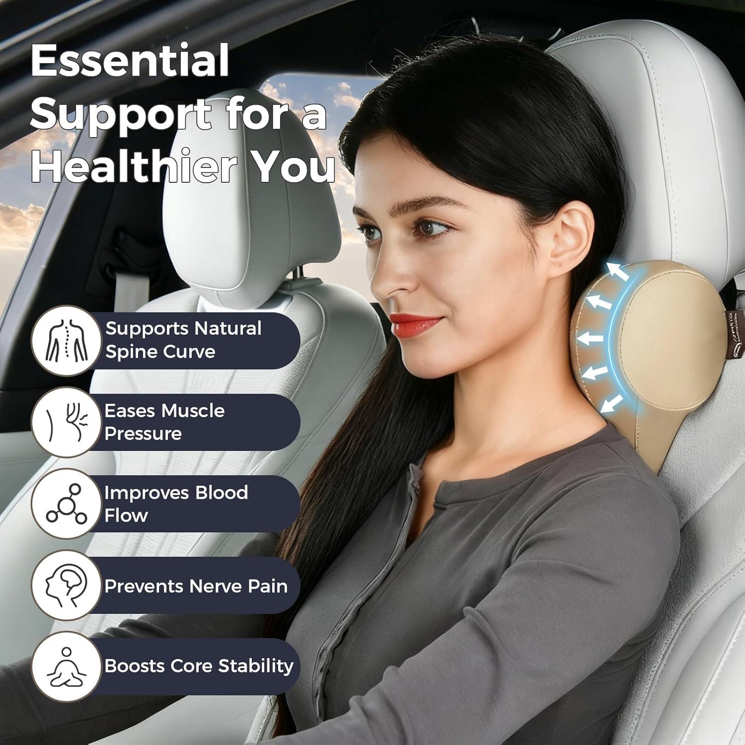 imageCoverado Car Headrest Pillow Ergonomic Memory Foam Car Neck Pillow for Driving Seat with Adjustable Strap Soft PU Leather Breathable Removable Cover Neck Support for Neck Pain Relief PinkBeige