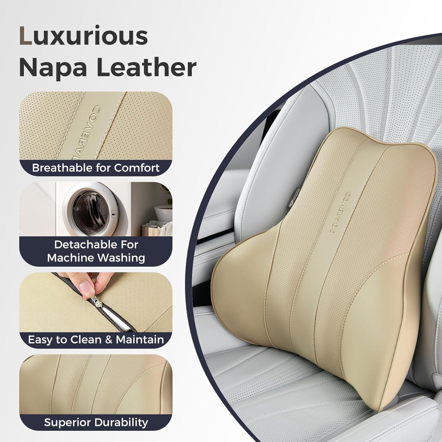 imageCoverado Car Headrest Pillow Ergonomic Memory Foam Car Neck Pillow for Driving Seat with Adjustable Strap Soft PU Leather Breathable Removable Cover Neck Support for Neck Pain Relief PinkBeige