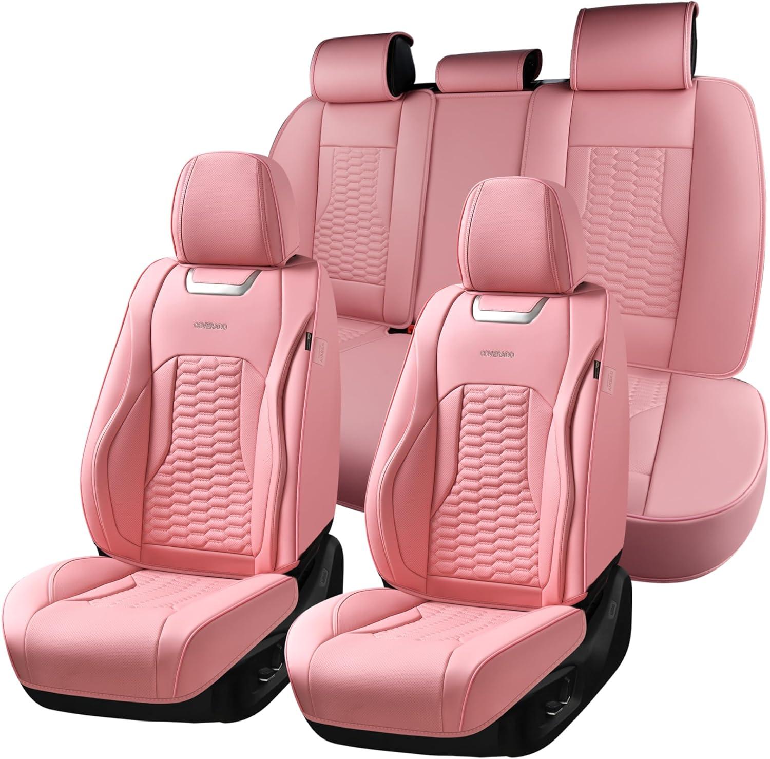 imageCoverado Car Seat Covers Front Seats Luxury Leather Seat Covers for Cars Automotive Car Seat Covers Protector Universal Fit Most Sedans SUVs Pickup Trucks Interior AccessoriesGaryampampWhitePink