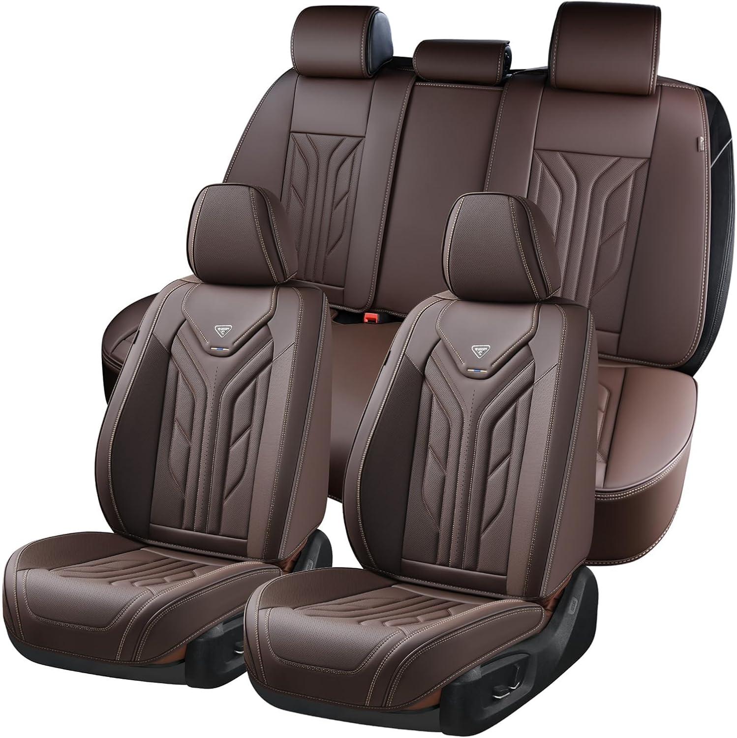 imageCoverado Car Seat Covers Full Set Automotive Seat Covers Car Seat Protector Car Seat Cushion Waterproof Leather Seat Covers for Cars Universal Fit for Most Sedans SUV Pickup TruckBlackampampRedCoffee