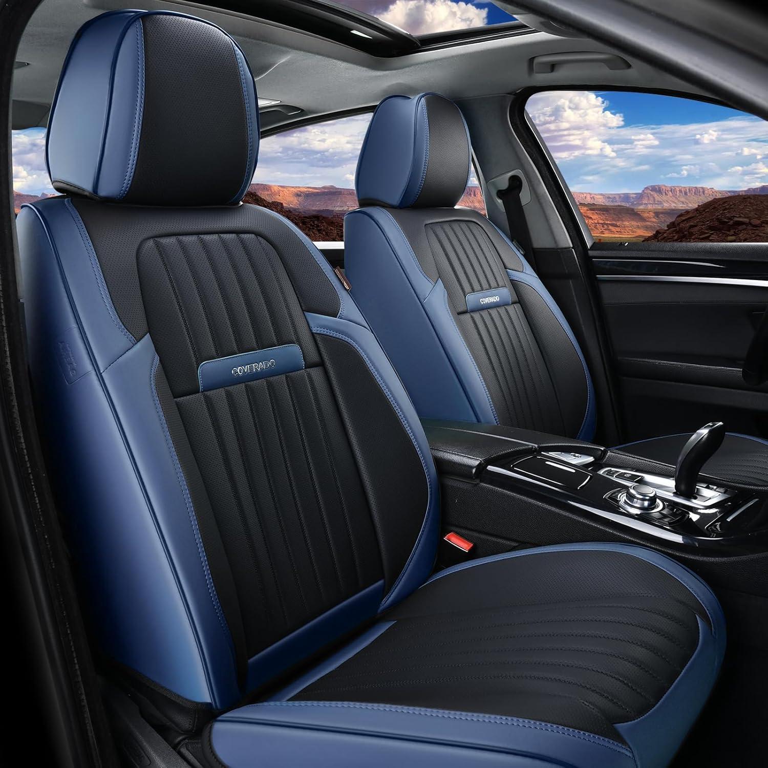 imageCoverado Car Seat Covers Full Set Automotive Seat Covers Car Seat Protector Car Seat Cushion Waterproof Leather Seat Covers for Cars Universal Fit for Most Sedans SUV Pickup TruckBlackampampRedBlueBlack