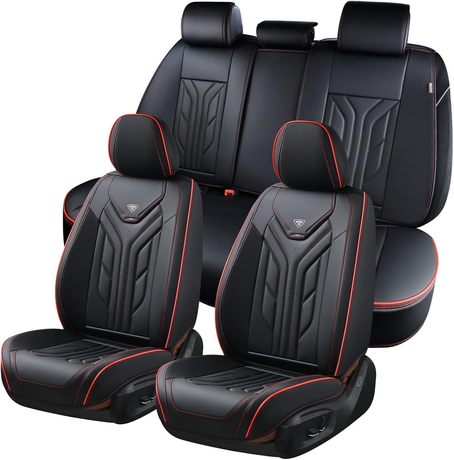 imageCoverado Car Seat Covers Full Set Automotive Seat Covers Car Seat Protector Car Seat Cushion Waterproof Leather Seat Covers for Cars Universal Fit for Most Sedans SUV Pickup TruckBlackampampRedBlackRedline