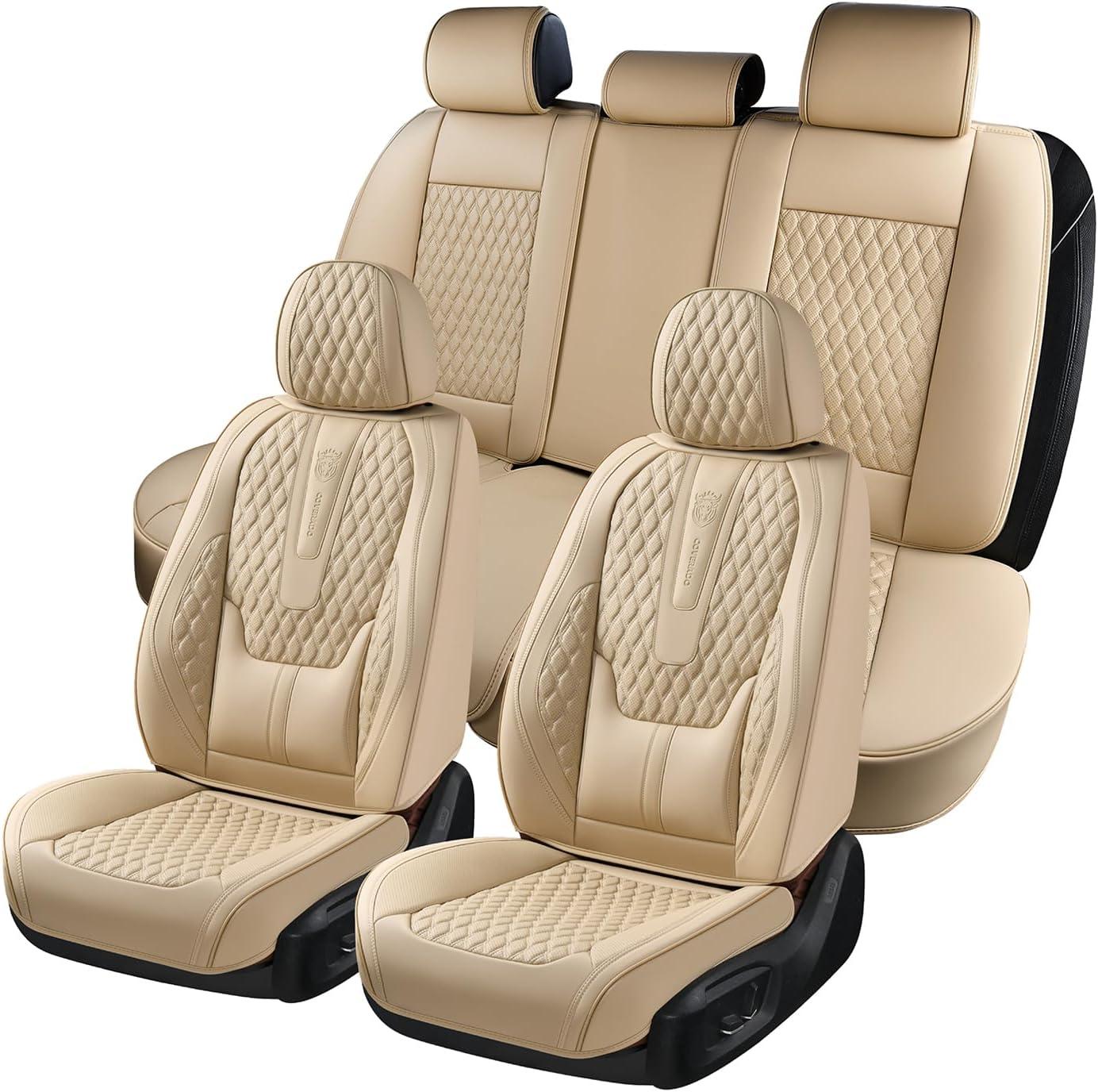imageCoverado Rear Seat Covers Leather Seat Cover for Car Universal Waterproof Automotive Seat Cushion Protector for Most Cars Trucks SUV RedABeige