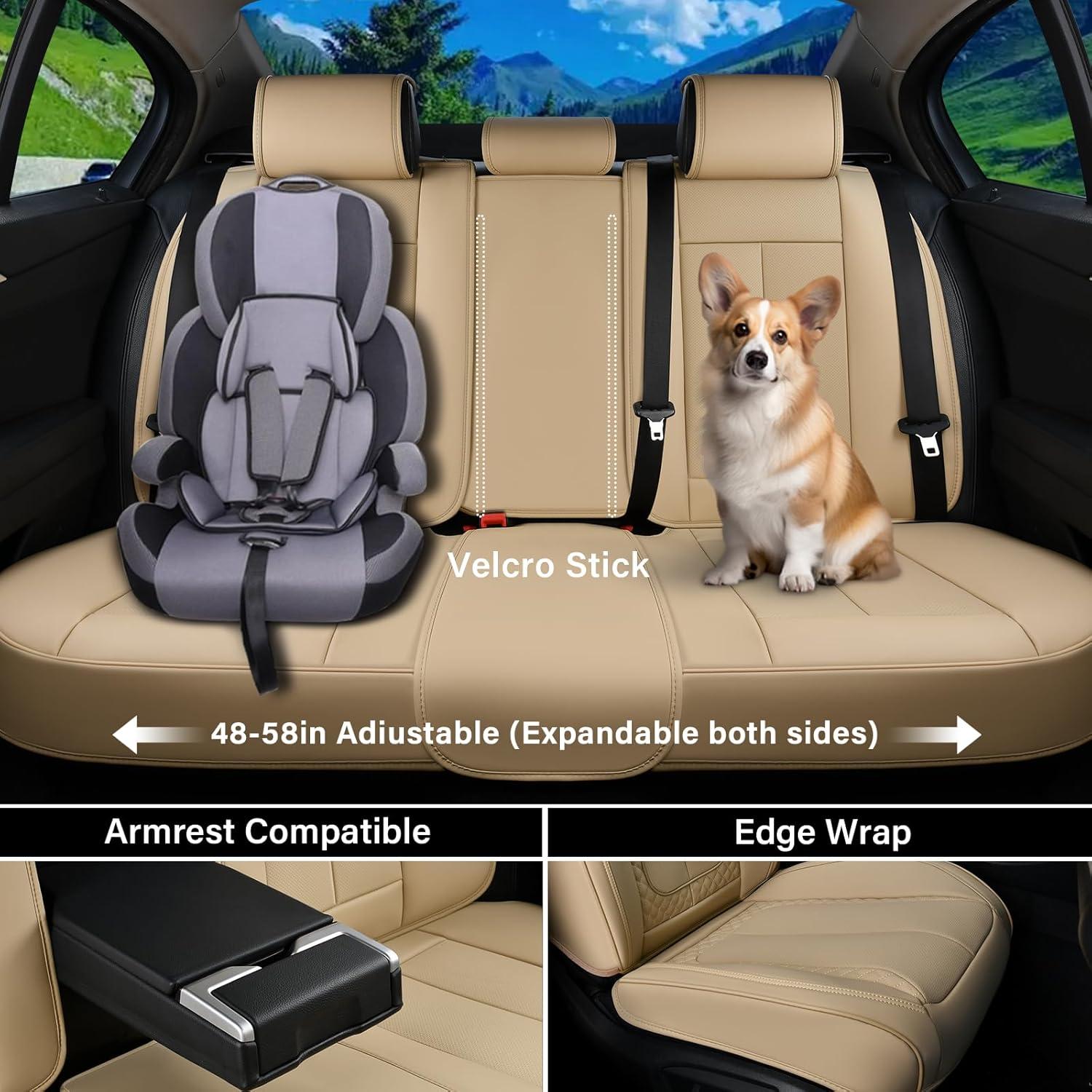 imageCoverado Rear Seat Covers Leather Seat Cover for Car Universal Waterproof Automotive Seat Cushion Protector for Most Cars Trucks SUV RedZBeige