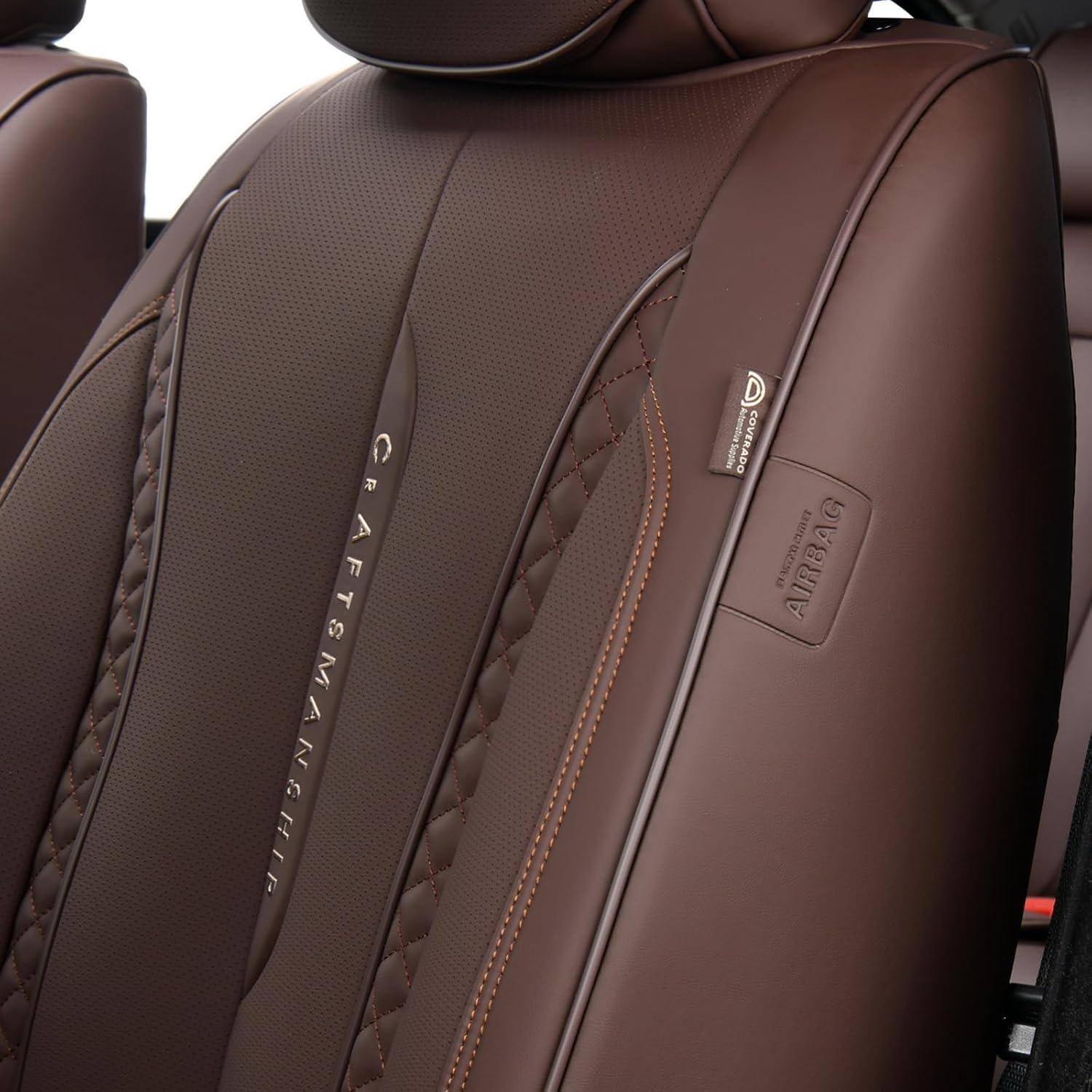 imageCoverado Rear Seat Covers Leather Seat Cover for Car Universal Waterproof Automotive Seat Cushion Protector for Most Cars Trucks SUV RedZBrown