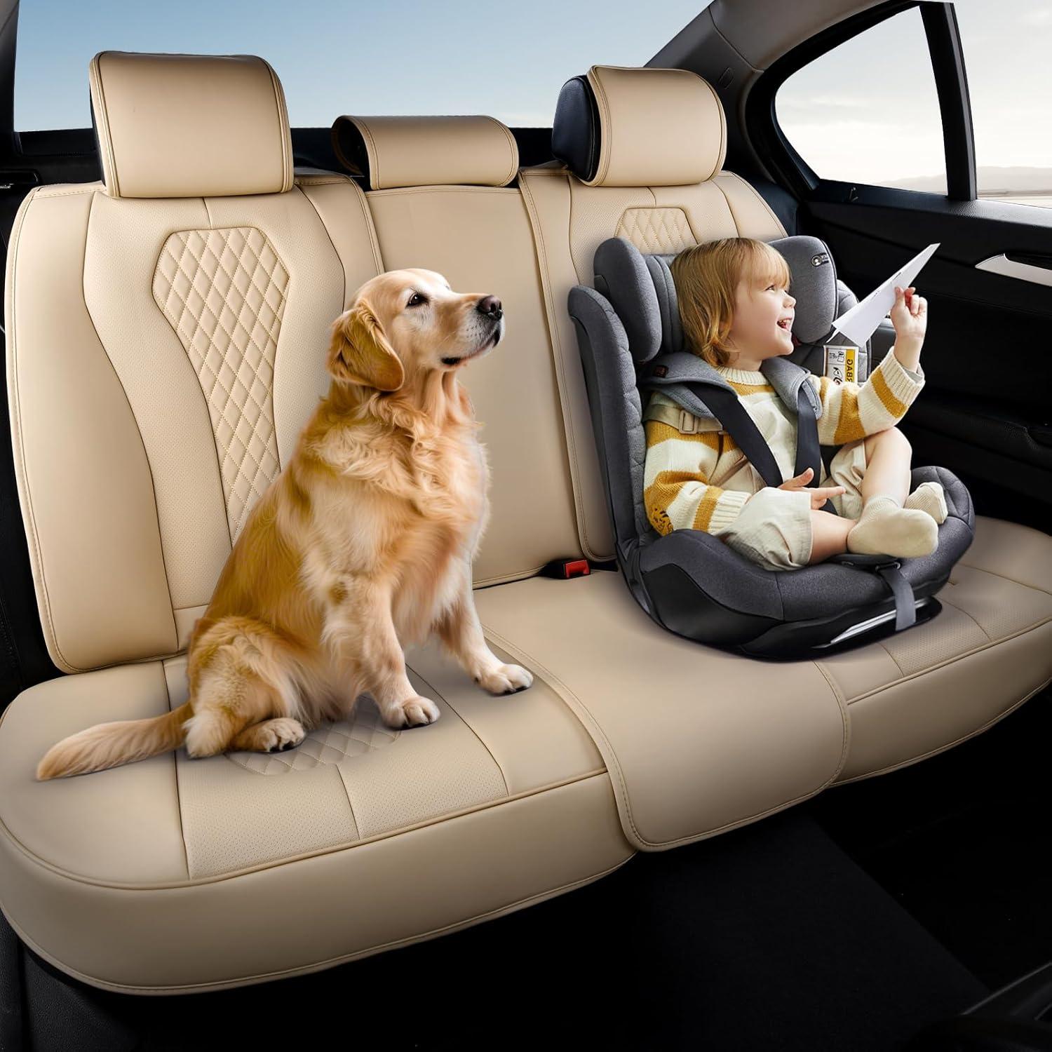 imageCoverado Rear Seat Covers White Car Seat Cover Back Seat Cover 3Pieces Luxury Car Seat Cushion Leather Seat Cover Seat Protector Universal Fit Most CarsBeige