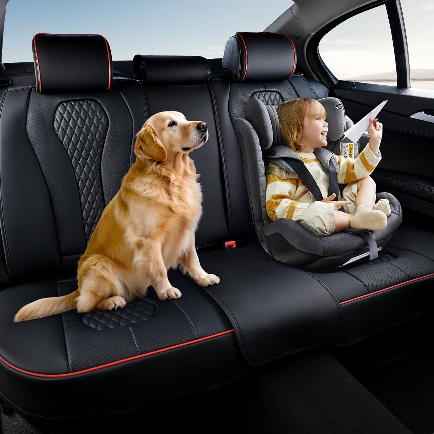 imageCoverado Rear Seat Covers White Car Seat Cover Back Seat Cover 3Pieces Luxury Car Seat Cushion Leather Seat Cover Seat Protector Universal Fit Most CarsBlackRed line