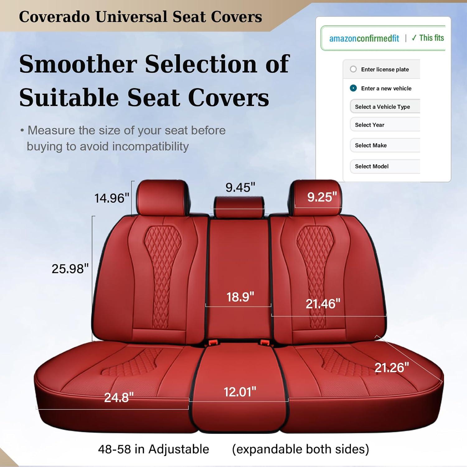imageCoverado Rear Seat Covers White Car Seat Cover Back Seat Cover 3Pieces Luxury Car Seat Cushion Leather Seat Cover Seat Protector Universal Fit Most CarsRed