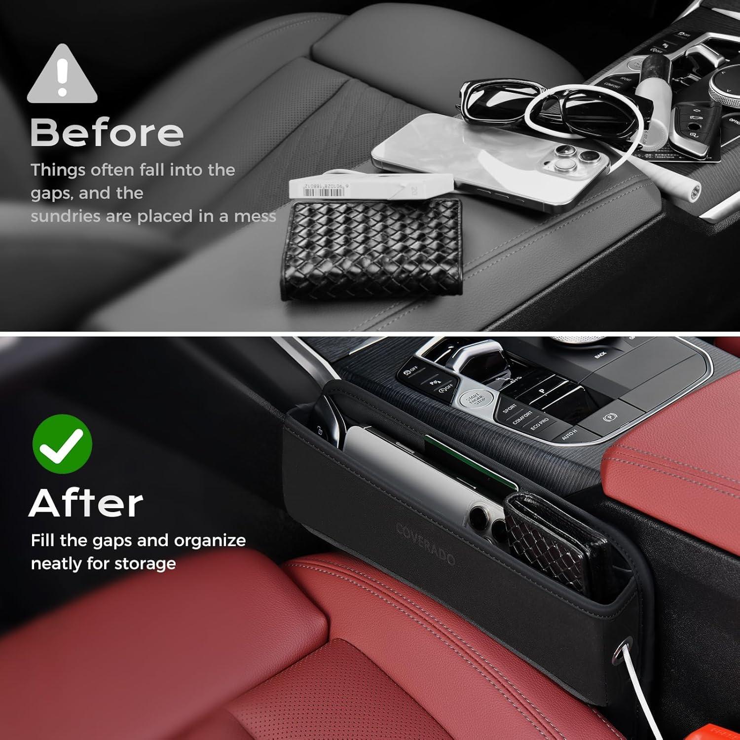 imageCoverado Universal Car Seat Gap Filler Organizer Premium Suede Leather Car Seat Side Gap Filler Seat Gap Storage Box for SUV Truck Car Interior Accessories Black1pc01Black1