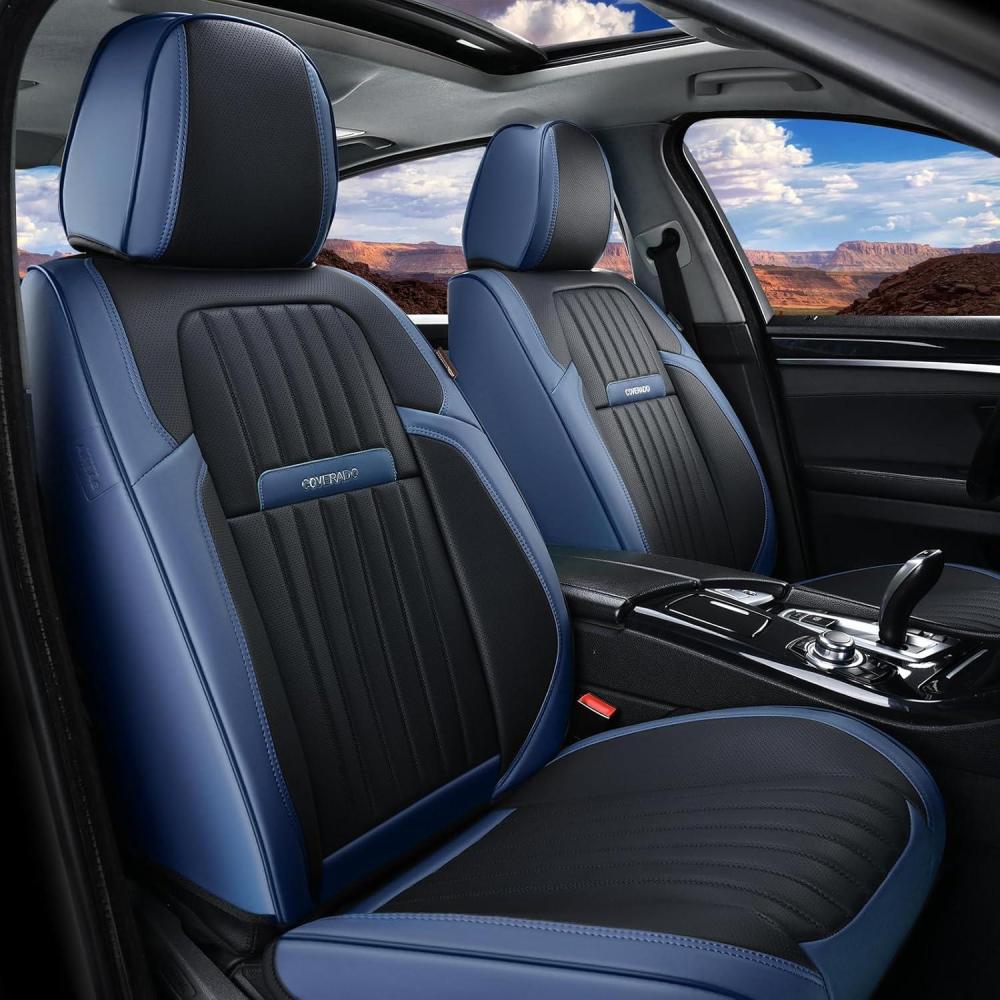 imageCoverado Car Seat Covers Full Set Automotive Seat Covers Car Seat Protector Car Seat Cushion Waterproof Leather Seat Covers for Cars Universal Fit for Most Sedans SUV Pickup TruckBlackampampRedBlueBlack