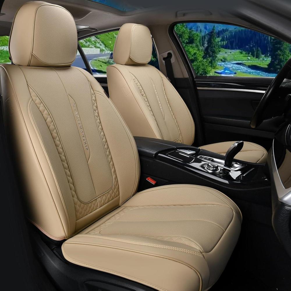imageCoverado Rear Seat Covers Leather Seat Cover for Car Universal Waterproof Automotive Seat Cushion Protector for Most Cars Trucks SUV RedZBeige
