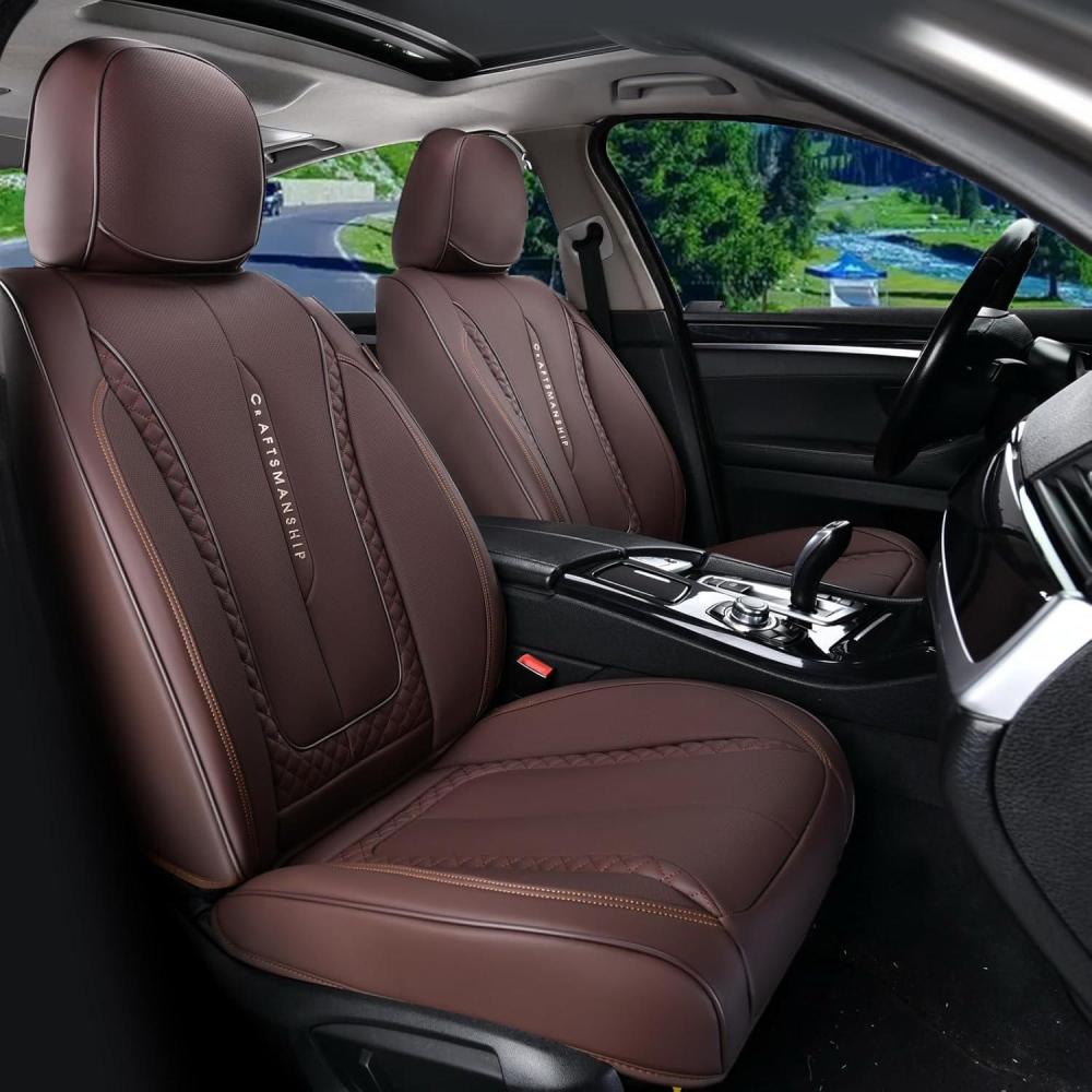 imageCoverado Rear Seat Covers Leather Seat Cover for Car Universal Waterproof Automotive Seat Cushion Protector for Most Cars Trucks SUV RedZBrown