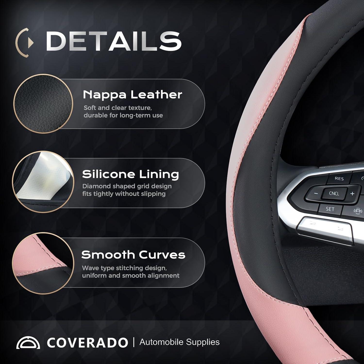 imageCoverado Car Steering Wheel Cover Nappa Leather Black ampamp Gray Steering Wheel Covers Universal 1415 inch AntiSlip Breathable Steering Wheel Protector for Women MenBBlackPink