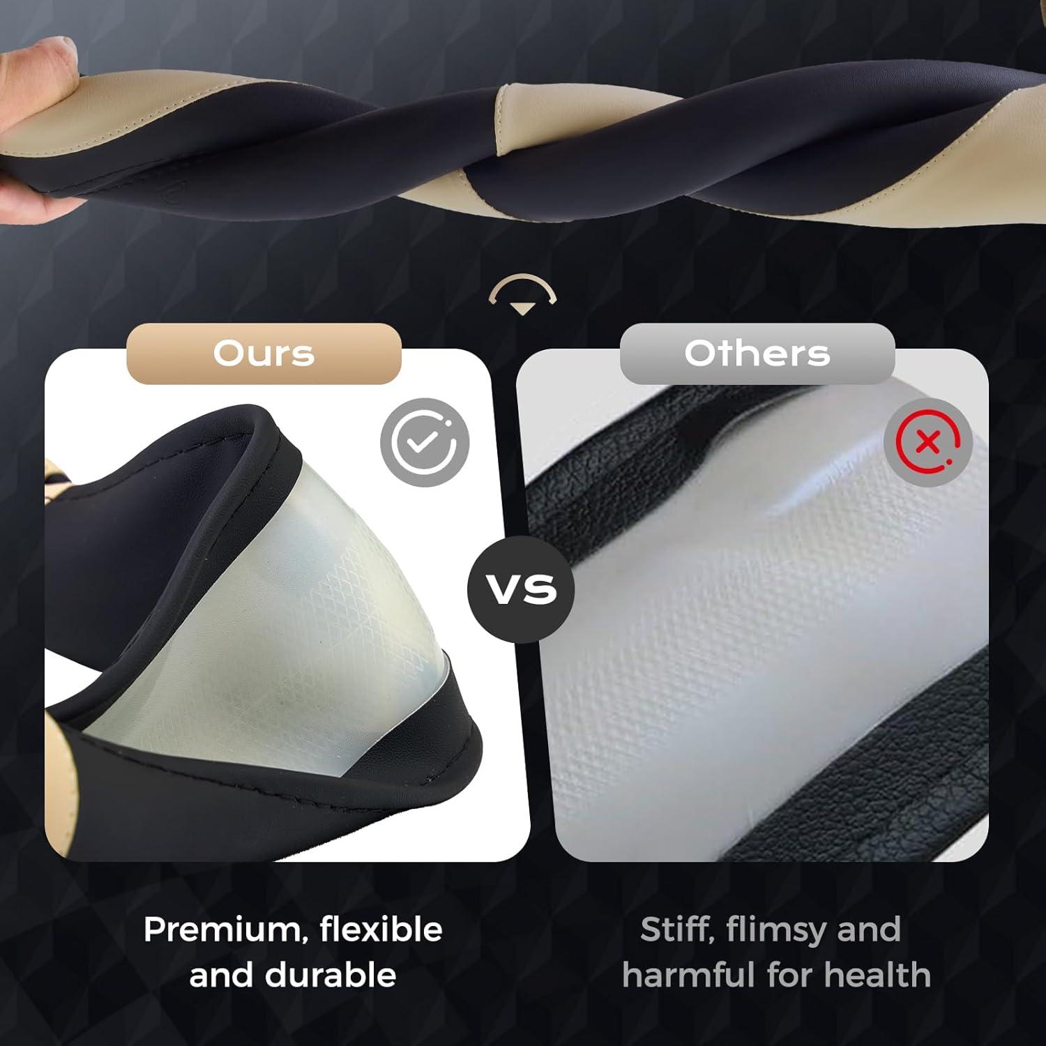 imageCoverado Car Steering Wheel Cover Nappa Leather Black ampamp Gray Steering Wheel Covers Universal 1415 inch AntiSlip Breathable Steering Wheel Protector for Women MenBBlackBrown