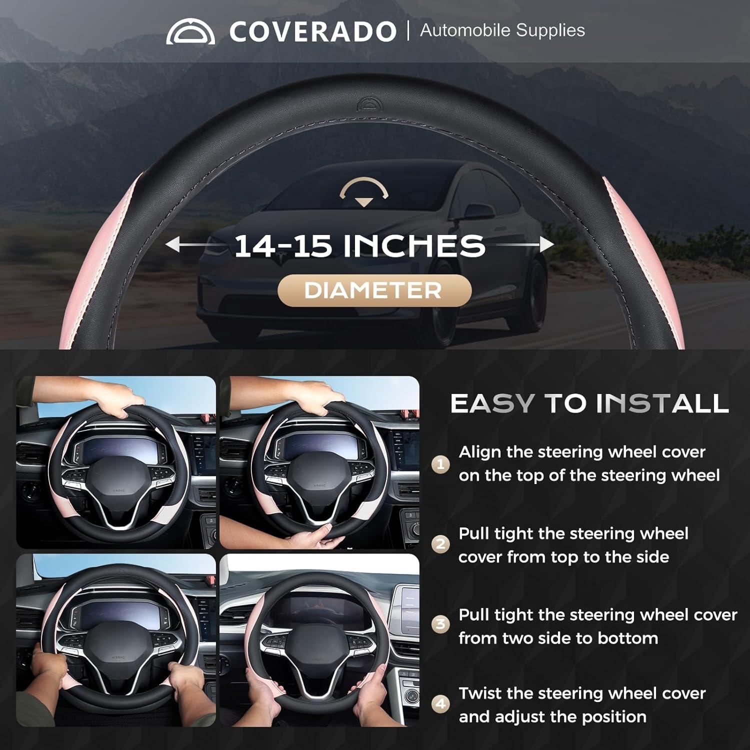 imageCoverado Car Steering Wheel Cover Nappa Leather Black ampamp Gray Steering Wheel Covers Universal 1415 inch AntiSlip Breathable Steering Wheel Protector for Women MenBBlackPink