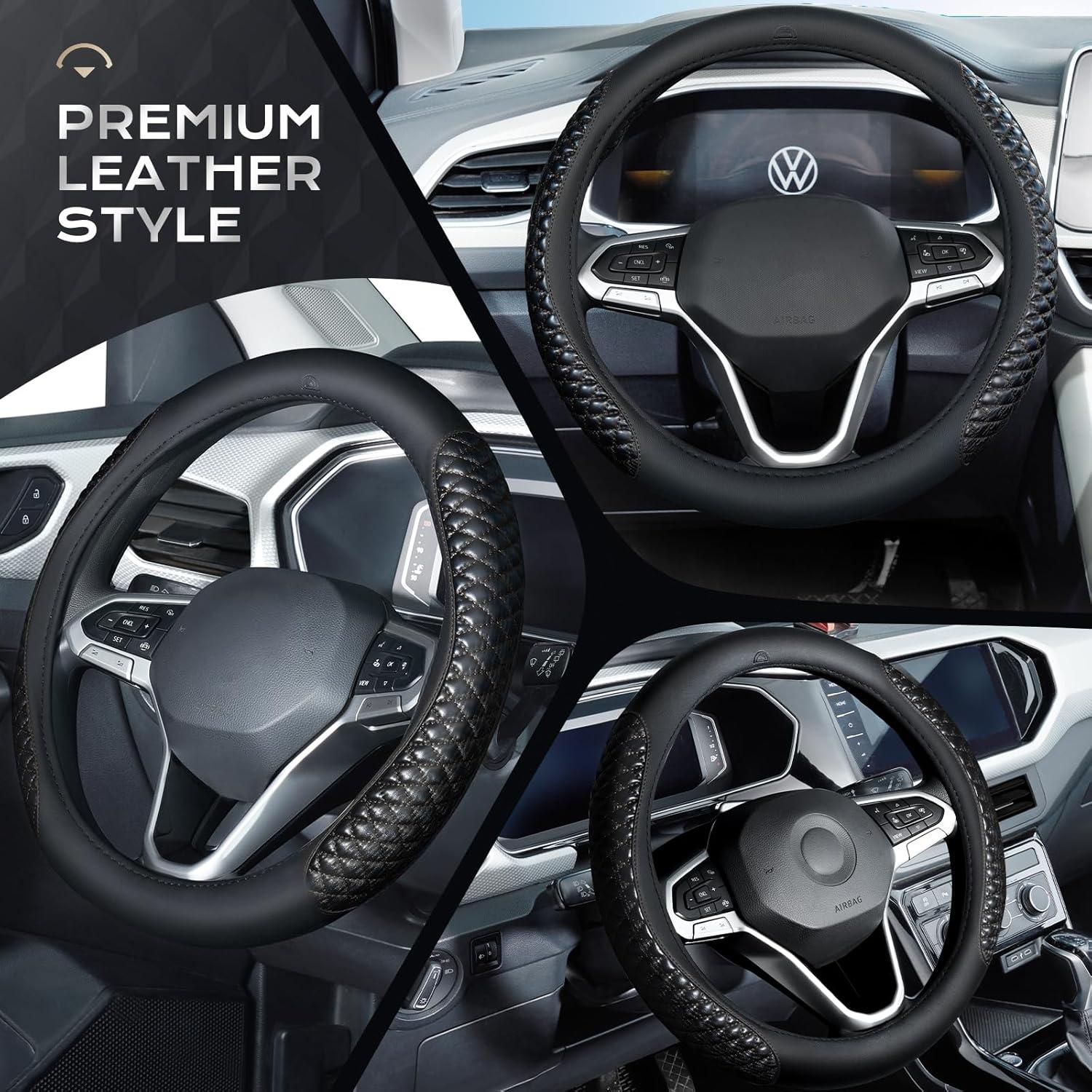 imageCoverado Car Steering Wheel Cover Nappa Leather Black ampamp Gray Steering Wheel Covers Universal 1415 inch AntiSlip Breathable Steering Wheel Protector for Women MenCBlack