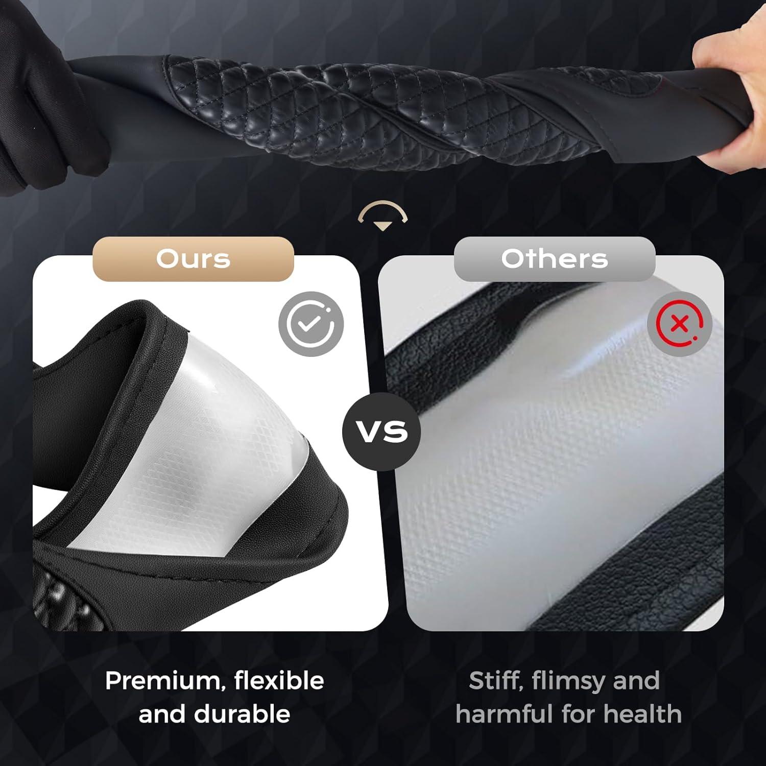 imageCoverado Car Steering Wheel Cover Nappa Leather Black ampamp Gray Steering Wheel Covers Universal 1415 inch AntiSlip Breathable Steering Wheel Protector for Women MenCBlack