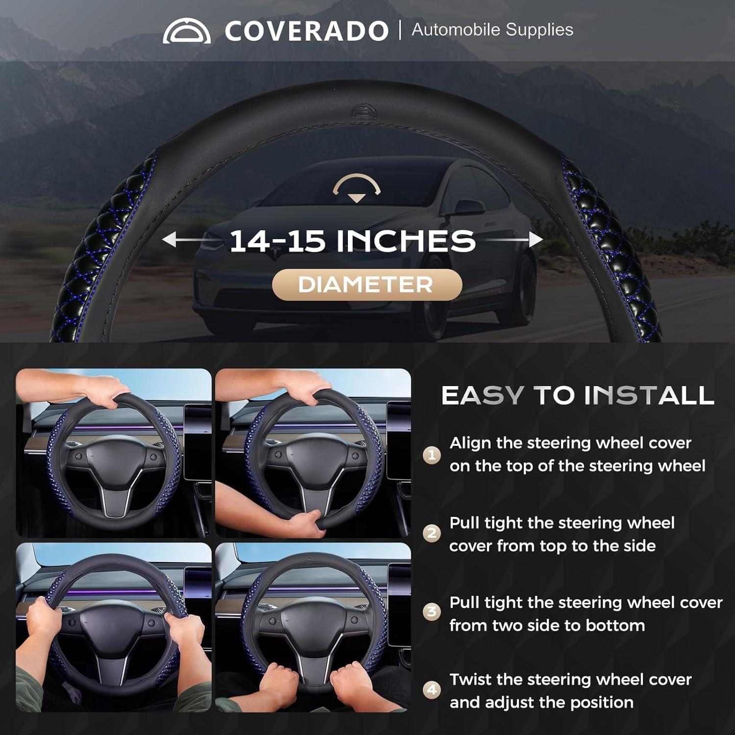 imageCoverado Car Steering Wheel Cover Nappa Leather Black ampamp Gray Steering Wheel Covers Universal 1415 inch AntiSlip Breathable Steering Wheel Protector for Women MenCBlue