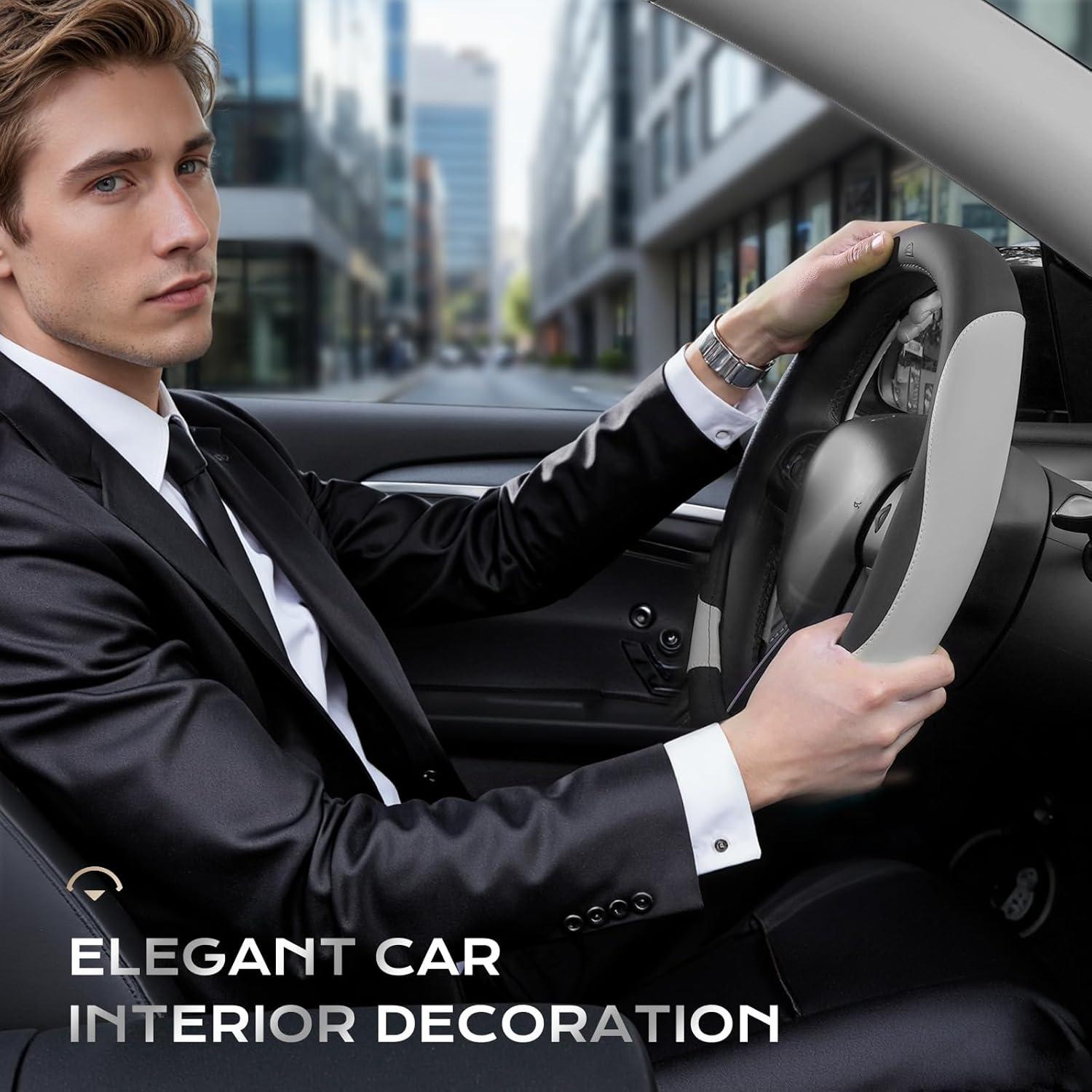 imageCoverado Car Steering Wheel Cover Nappa Leather Black ampamp Gray Steering Wheel Covers Universal 1415 inch AntiSlip Breathable Steering Wheel Protector for Women MenBBlackGray