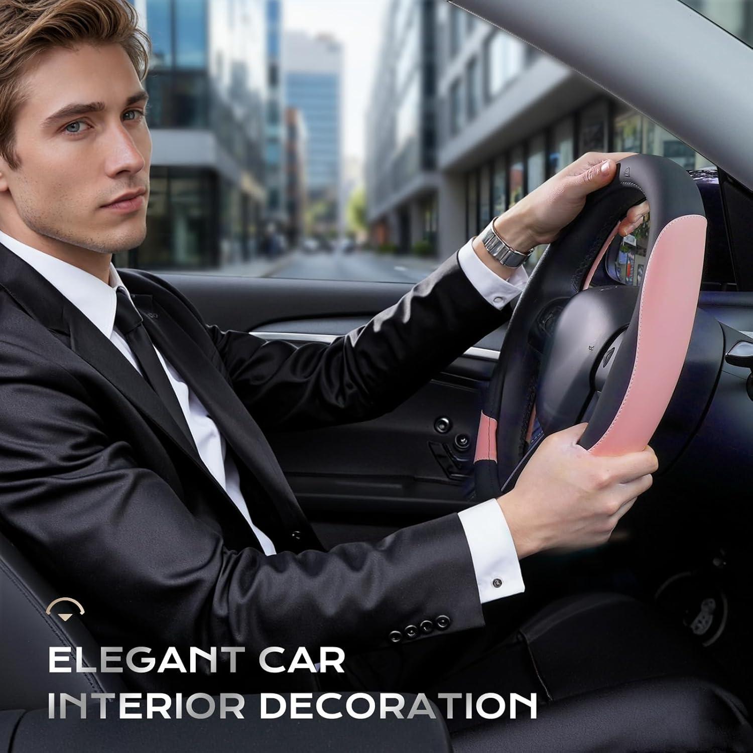 imageCoverado Car Steering Wheel Cover Nappa Leather Black ampamp Gray Steering Wheel Covers Universal 1415 inch AntiSlip Breathable Steering Wheel Protector for Women MenBBlackPink